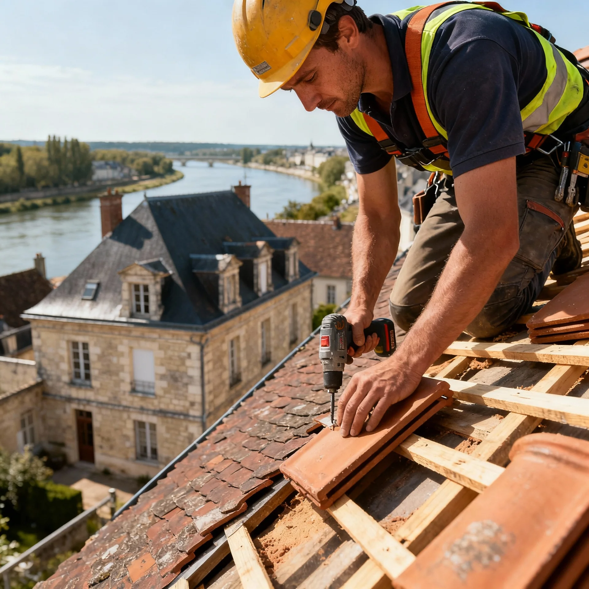 Couvreur professionnel au travail sur une toiture a Tours